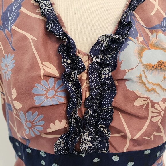 Odille Floral Print Silk Top With Ruffle Trim & Cap Sleeves Size 6 - Picture 3 of 7